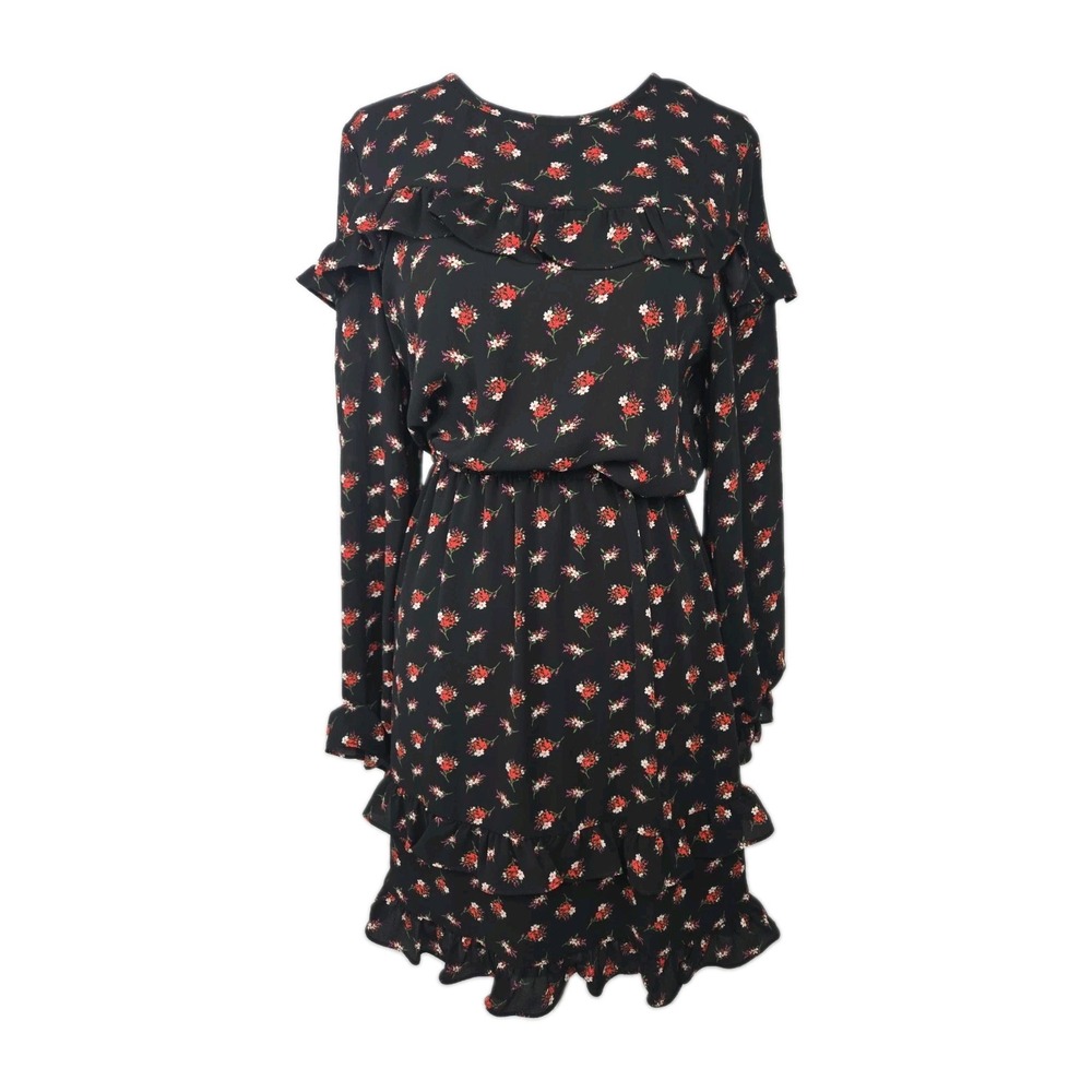 CeCe Black Floral Chiffon Ruffle Long Sleeve High Neck Lined Mini Dress Small S